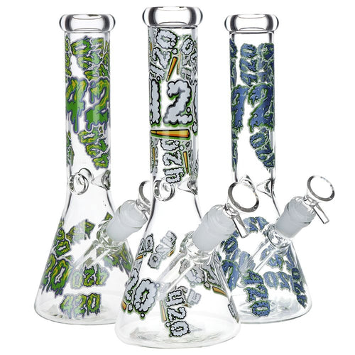 420 Clouds Glow In The Dark Beaker Glass Water Pipe - 10" / 14mm F / Colors Vary - DEGIN store